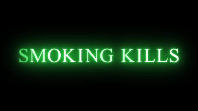 Flickering neon green smoking kills sign animated on black background.
