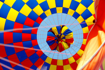 A Vibrant Hot Air Balloon Interior with a Checkerboard Pattern of Red, Blue, and Yellow, Radiating Outwards