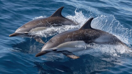 Two dolphins leap through the clear blue ocean water, splashing playfully as they swim side by side. The bright sun highlights their smooth bodies and energetic movements.