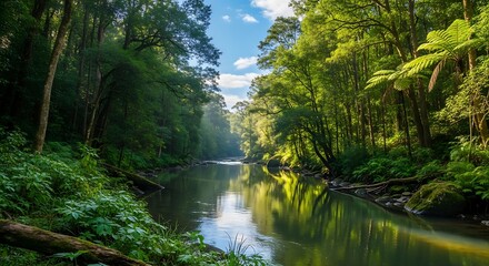 Obraz premium Serene River flows through lush green forest.