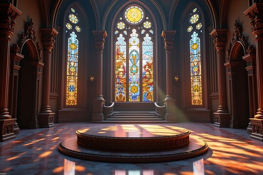 Ornate cathedral interior with stained glass and circular dais