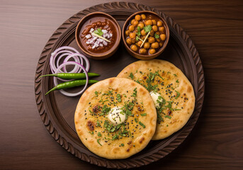 Traditional Indian Chole Kulche served with butter, onions, and spicy pickle.