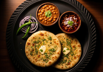 Traditional Indian Chole Kulche served with butter, onions, and spicy pickle.