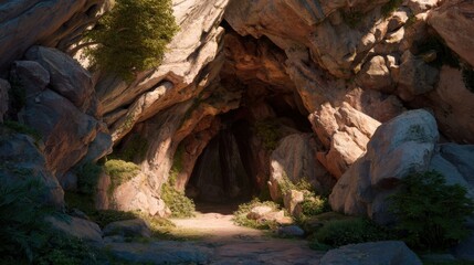 Obraz premium A tranquil cave entrance is framed by large rocks and lush greenery, illuminated by soft daylight. The path leads deeper into the natural formation.