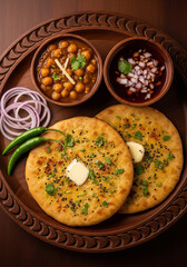 Traditional Indian Chole Kulche served with butter, onions, and spicy pickle.