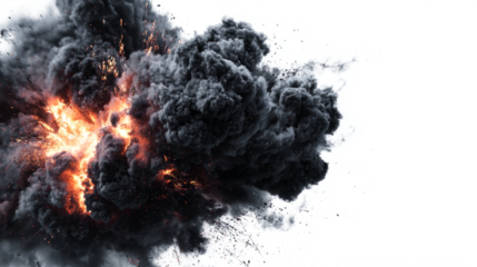 Black smoke blast with fire sparks minimal on white