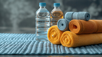 Rolled gym towels and water bottles on yoga mat
