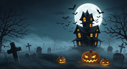 Haunted house with pumpkins and bats under moon