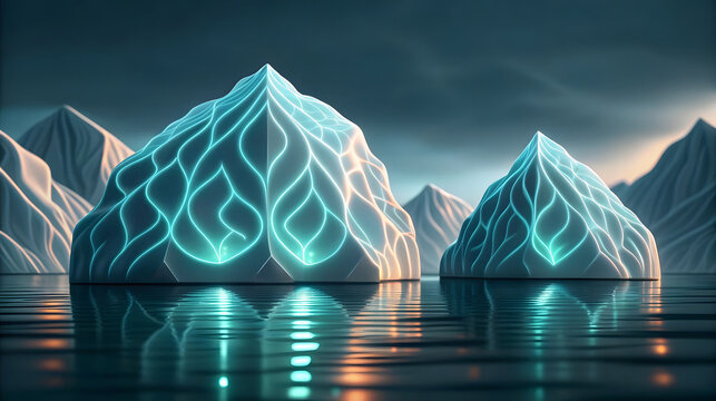 Glowing icebergs with neon lines on reflective water - Powered by Adobe