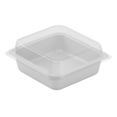 Clear plastic food container with hinged lid perfect for takeout and meal prep isolated on transparent background