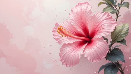 ai generator pink hibiscus flower with water drops in soft pastel tones for wedding invitation card design.