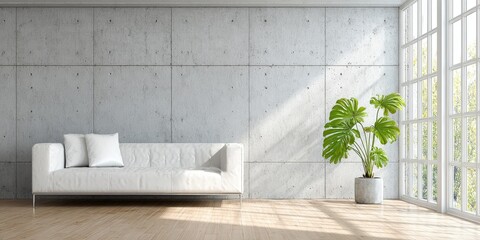 A modern, minimalist living room boasts a white couch, a concrete wall, and a lush plant by a large window.