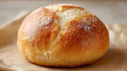 Fototapeta premium A round loaf of bread with a golden brown crust sits on a piece of parchment paper. The loaf has a homely appearance, inviting warmth and comfort. Its rustic look suggests artisan quality.