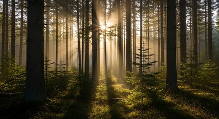 Fototapeta premium Sunlight Filtering Through a Dense Forest.