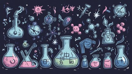 Chemistry doodle icons education fun cartoon style molecular shapes formula sketches lab flasks and beakers for infographic