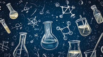 Chemistry doodle icons education fun cartoon style molecular shapes formula sketches lab flasks and beakers for infographic