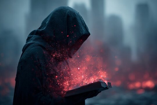 Mysterious cloaked figure reading a book emanating magical red sparks in a fantasy city setting, evoking themes of mystery, magic, and ancient knowledge