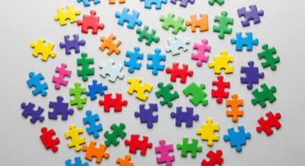 Collection of Colorful Puzzle Pieces Scattered on White Surface