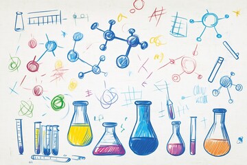 Chemistry doodles classroom whiteboard hand drawn molecules colorful sketch style for educational content back to school theme