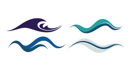 Set of four abstract wave designs flowing dynamic shapes aquatic water elements vector