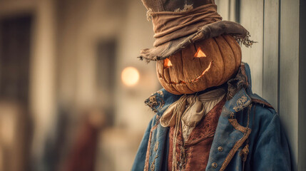 Fototapeta premium Scarecrow with pumpkin head and vintage clothing stands against rustic backdrop during autumn festival