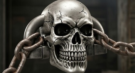A silver skull with cracks and metal horns is chained up in a dark and mysterious environment