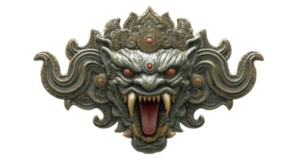 Kirtimukha, demonic face creature with fangs and open mouth, used in temple gates, isolated on white