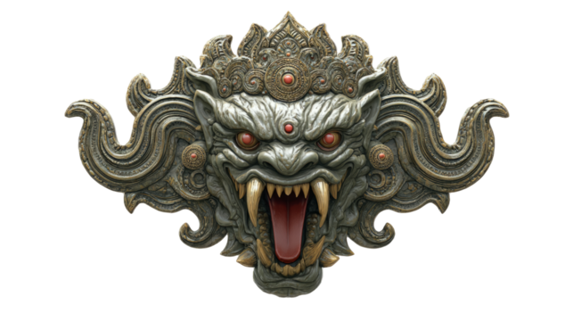 Kirtimukha, demonic face creature with fangs and open mouth, used in temple gates, isolated on white