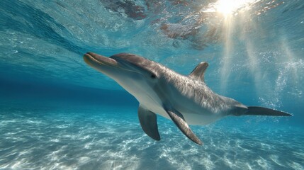 Obraz premium A dolphin glides effortlessly through the clear blue water, showcasing its sleek body and playful nature under the bright sunlight and shimmering surface.