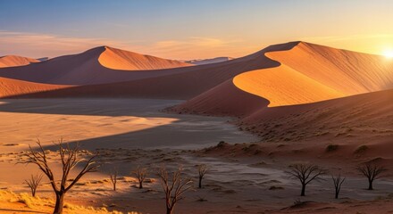 Golden Sunrise Over Namib Desert Dunes With Dead Trees