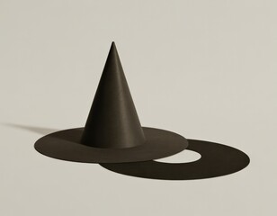 Fototapeta premium Minimalist black witch's hat with wide brim and tall pointed cone casting a shadow on neutral background for Halloween or costume themes