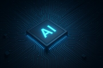 Glowing ai chip on a circuit board isolated on transparent background