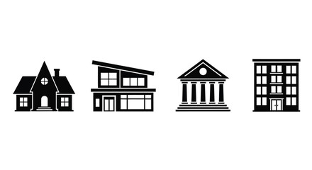 Collection of diverse architectural building icons representing homes offices and institutions vector