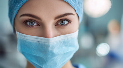  an attractive female doctor wearing blue scrubs, a surgical mask, cap, and gloves in front of blurred hospital equipment