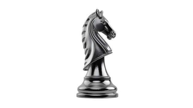 Chess knight piece with photorealistic metallic shine isolated on pure white background in design
