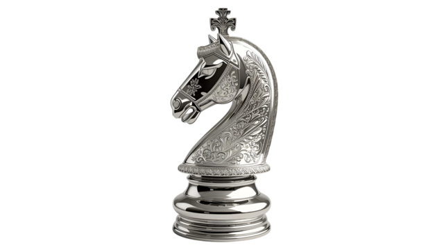 Chess knight piece with photorealistic metallic shine isolated on pure white background in design
