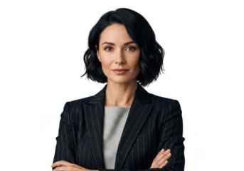 Professional businesswoman portrait in striped suit with arms crossed looking at camera stock photo isolated on transparent background