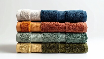 Stack Of Soft Textured Towels In Various Earthy Tones On A Light Background