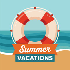 Summer Vacation Beach Illustration with Lifebuoy and Ocean Waves, Summer Holiday Design, Beach Vacation Art, Lifebuoy Summer Icon, Ocean Travel Illustration, Seaside Adventure Graphic