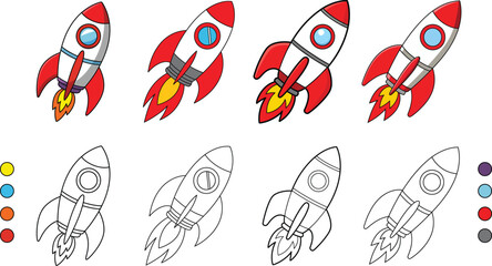 Cartoon Rocket Ship Coloring Page Set – Space Shuttle Vector Illustration with Colored and Outline Versions