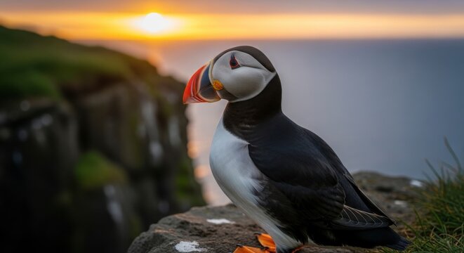 Atlantic Puffin perched on cliff overlooking ocean at sunset