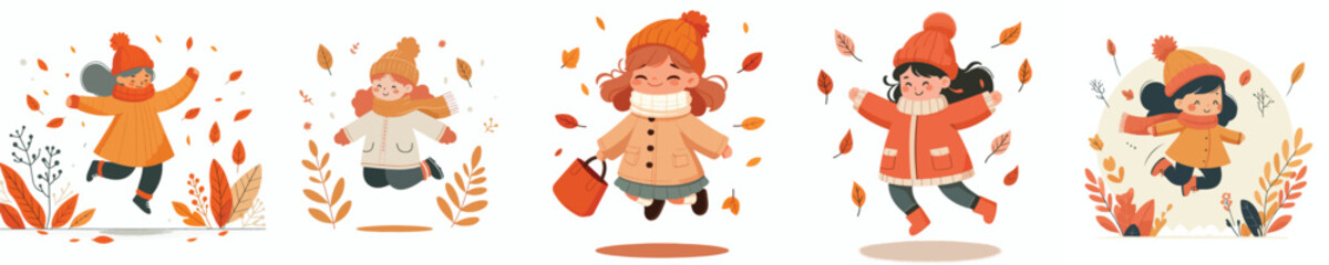 vector of little girl jumping happily in autumn