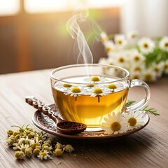 cup of tea with lemon and flowers