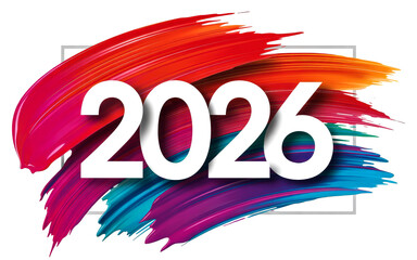 Bold white '2026' numbers shadow Vibrant abstract paint brushstrokes Dynamic background year