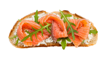Open sandwich with cream cheese, smoked salmon and arugula on crispy bread, isolated on transparent background