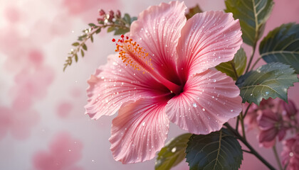 ai generator pink hibiscus flower with water drops in soft pastel tones for wedding invitation card design.