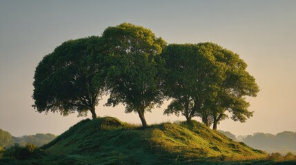 Obraz premium Lush green trees stand majestically atop a gentle rolling hill, bathed in warm morning sunlight. The peaceful natural landscape invites a sense of calm and serenity.