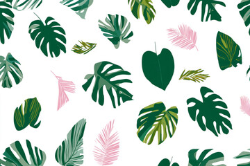 Seamless botanical backgrounds with various tropical green leaves in different styles, perfect for summer designs, prints, or wallpapers.