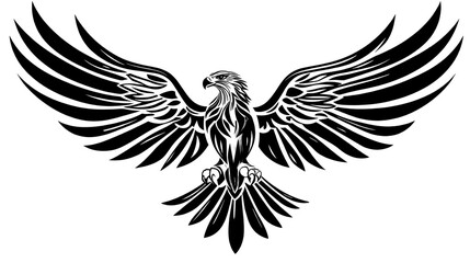 Obraz premium Majestic eagle illustration with spread wings, detailed feathers, symmetrical tribal style, bold pose