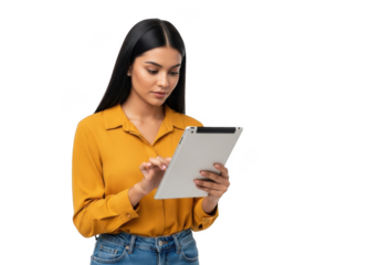 Beautiful young woman using tablet device, digital technology, mobile app, internet browsing isolated on transparent background